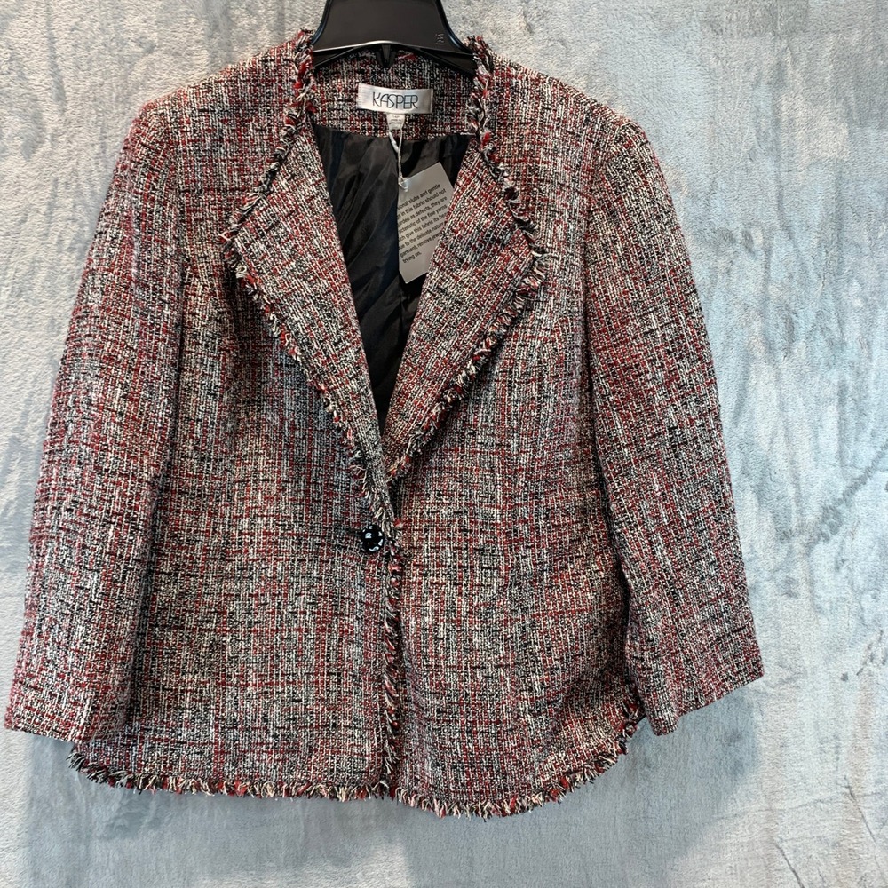 Kasper Fire Red Multi Tweed Fringe Trim Blazer Jacket 14P Metallic New